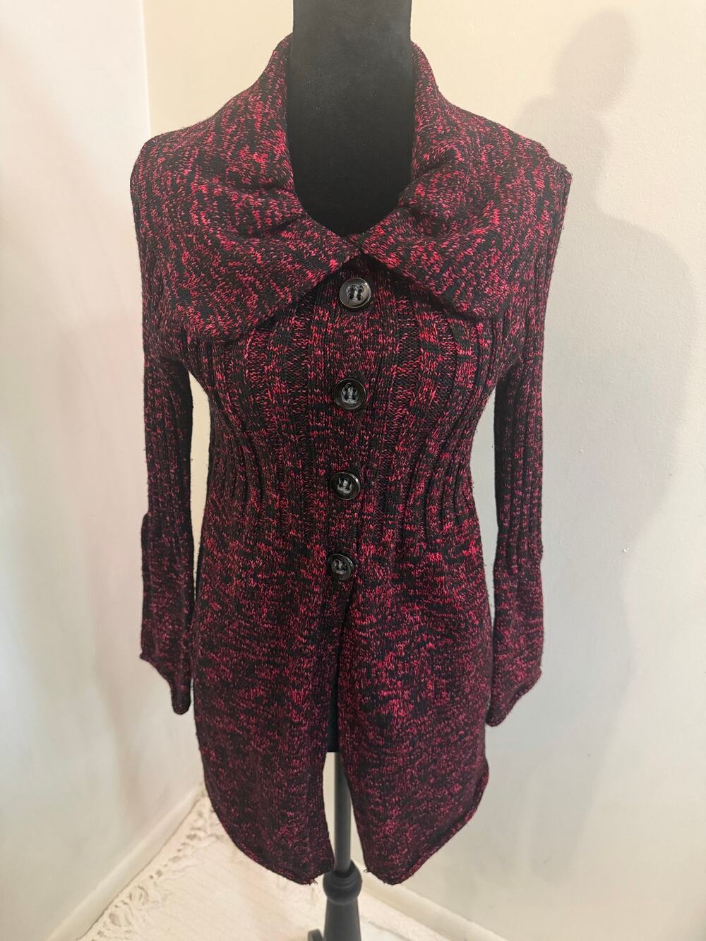 Style & Co Petite Cardigan Sweater Women’s M Pink Black Cable Knit Bell Sleeve